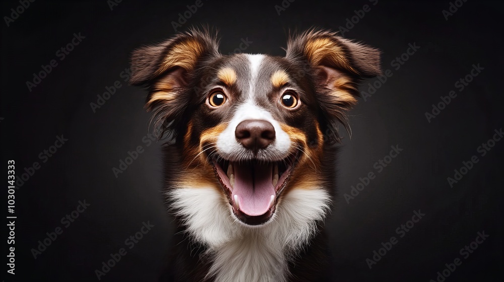 A close-up portrait of a smiling Australian Shepherd dog against a dark background, highlighting its playful and joyful expression A close-up portrait of a smiling Australian Shepherd dog against a dark background, highlighting its playful and joyful expression