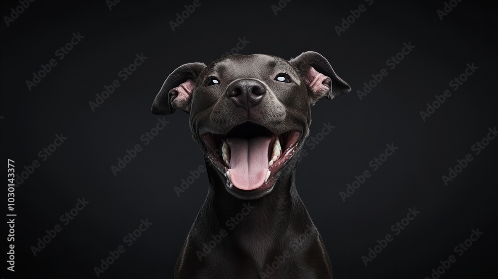 A close-up portrait of a smiling black dog against a dark background, showcasing its cheerful expression and happy demeanor A close-up portrait of a smiling black dog against a dark background, showcasing its cheerful expression and happy demeanor