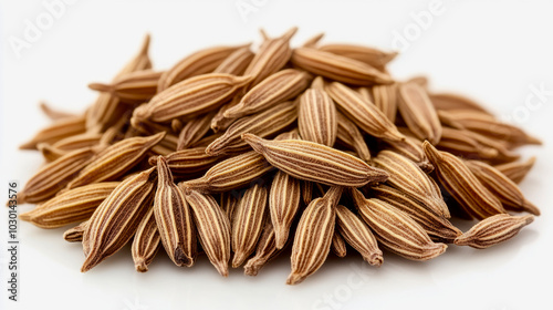 A small pile of whole black cumin seeds with their rough, irregular shape, arranged on a white background