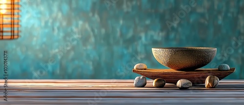 Bowl on a wooden tray with stones, set against a textured turquoise background.