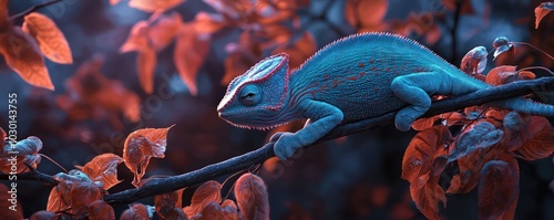A tranquil blue chameleon resting on a branch, set against a backdrop artistic foliage.
