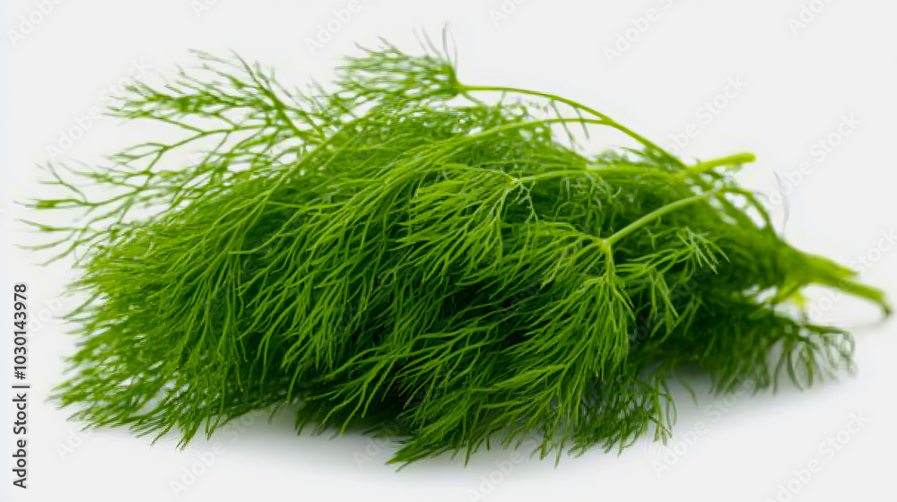Fototapeta premium A sprig of fresh dill with its feathery, delicate green leaves, isolated on a white background
