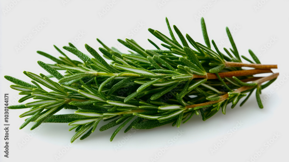 Fototapeta premium A sprig of fresh savory herb with its small, pointed green leaves, isolated on a white background
