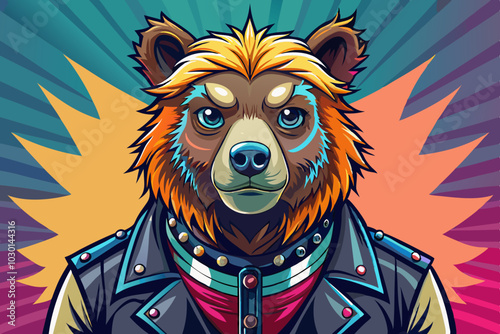 bear vector in punk rock leather jacket wear, animal portrait, isolated background