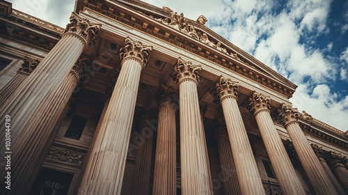 Low angle view of a classical building with columns and a cloudy sky.