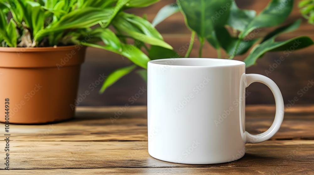 White mockup mug with copy space and houseplant at the background. Mug for brand, logo or design White mockup mug with copy space and houseplant at the background. Mug for brand, logo or design