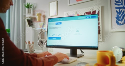 Young man enters prompt in artificial intelligence chatbot app on PC. Advanced AI video generator generates detailed high-quality video of modern house. From text prompt to realistic generated video.