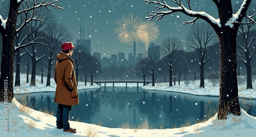 Wallpaper Mural Holden Caulfield walks through Central Park on New Year’s Eve, contemplating the frozen pond as snow falls softly around him, symbolizing youth's struggles and the complexity of life. Torontodigital.ca