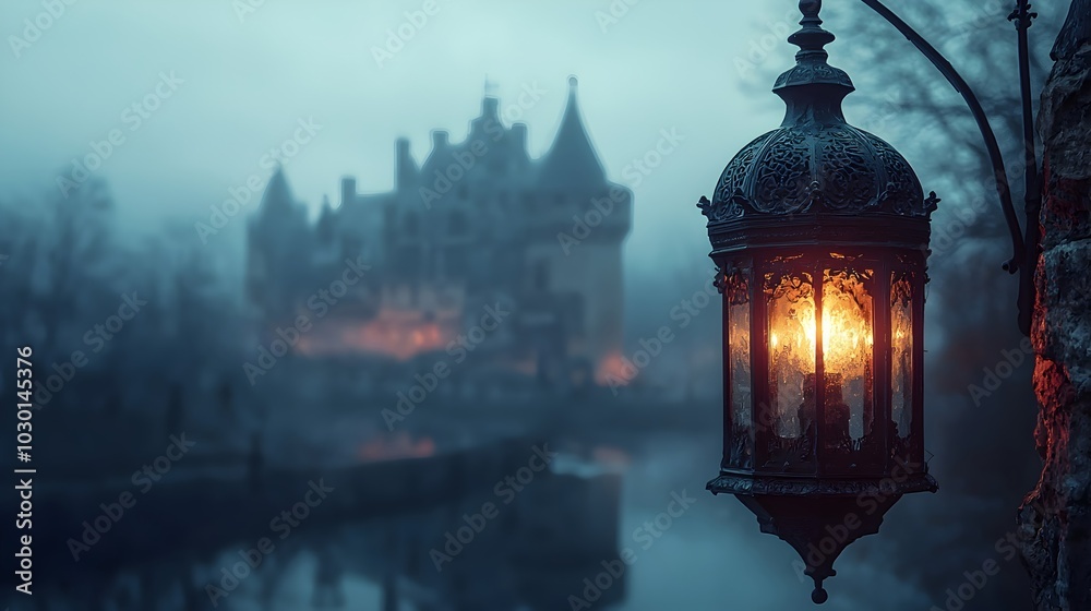 Lantern Illuminates Castle on a Foggy Night Lantern Illuminates Castle on a Foggy Night