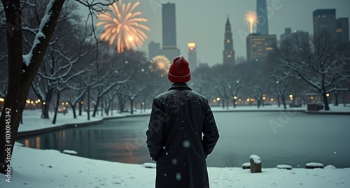 Holden Caulfield walks through Central Park on New Year’s Eve, contemplating the frozen pond as snow falls softly around him, symbolizing youth's struggles and the complexity of life. photo