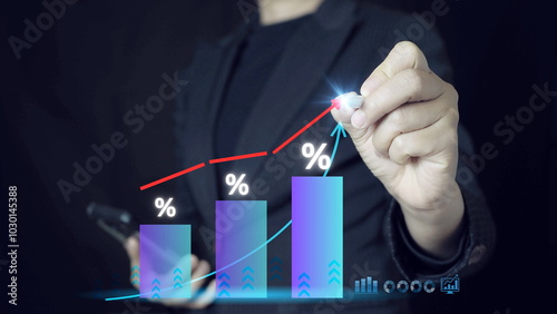 Interest rate increase concept. Business value percentage and up arrow investment, Interest rate increase, business hike growth, stocks, mutual fund, high exchange rate.