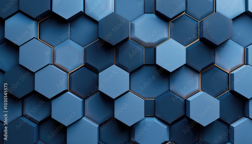 Abstract 3D Pattern of Blue Hexagons with Gold Lines