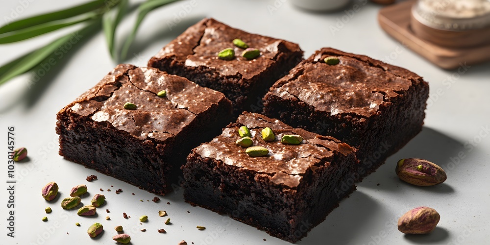 A close-up of rich chocolate brownies topped with pistachios on a light background. A close-up of rich chocolate brownies topped with pistachios on a light background.
