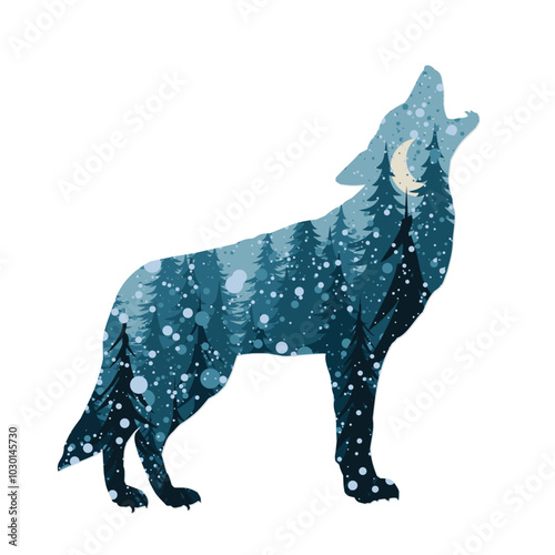 The silhouette of wolf with a winter forest.