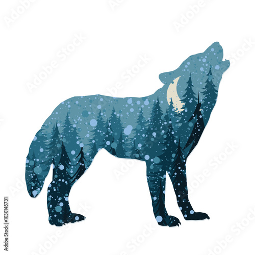 The silhouette of wolf with a winter forest.
