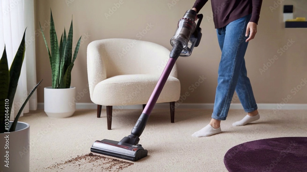 Fototapeta premium Woman is vacuuming the carpet in her living room, using a cordless vacuum cleaner for easy maneuverability