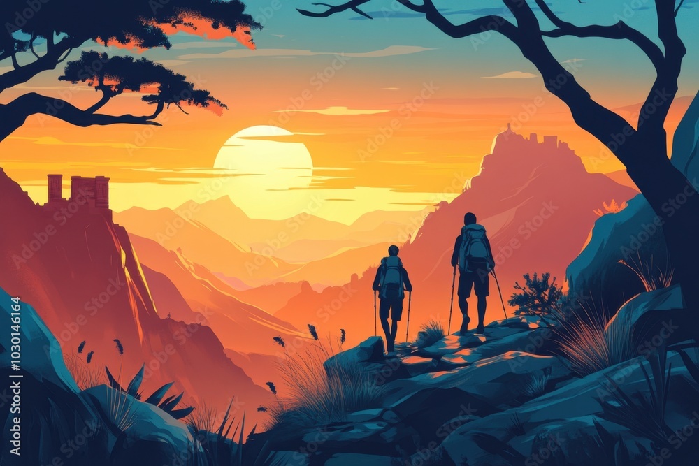 Naklejka premium Minimalistic hikers at sunset in mountain landscape for adventure theme