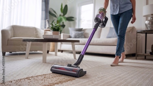 Woman is vacuuming the carpet in her living room, using a cordless vacuum cleaner for easy maneuverability