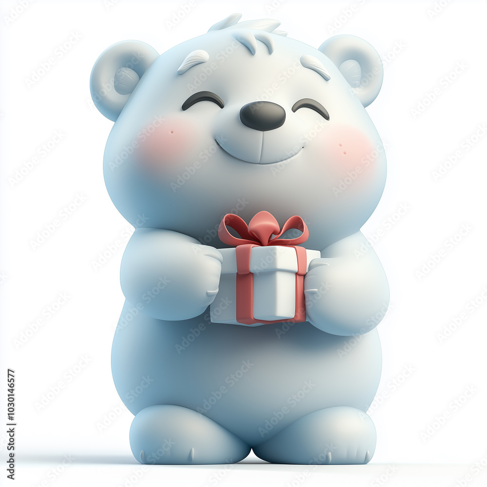 Fototapeta premium Cute 3D Polar Bear Holding a Gift Celebrating Christmas and New Year on White Background