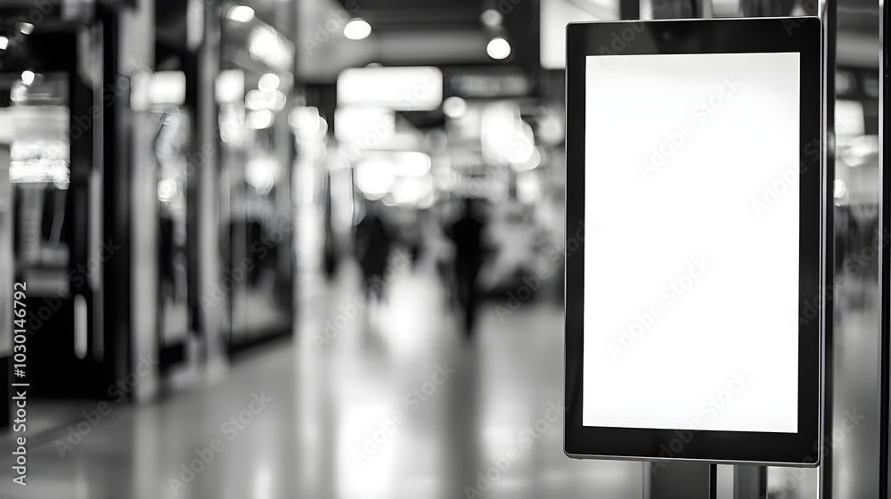 Digital media blank black and white screen modern panel signboard for advertisement design in shopping centre gallery, mockup with blurred background, digital kiosk Digital media blank black and white screen modern panel signboard for advertisement design in shopping centre gallery, mockup with blurred background, digital kiosk