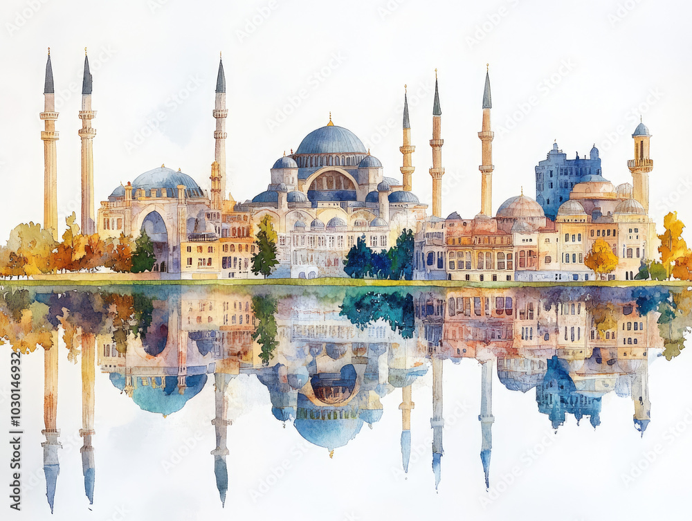 Naklejka premium Grand Turkish mosque with minarets and water reflections