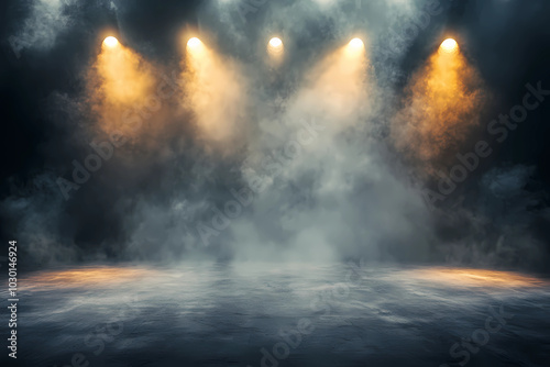 Empty concert stage with illuminated spotlights and smoke. Stage background with copy space