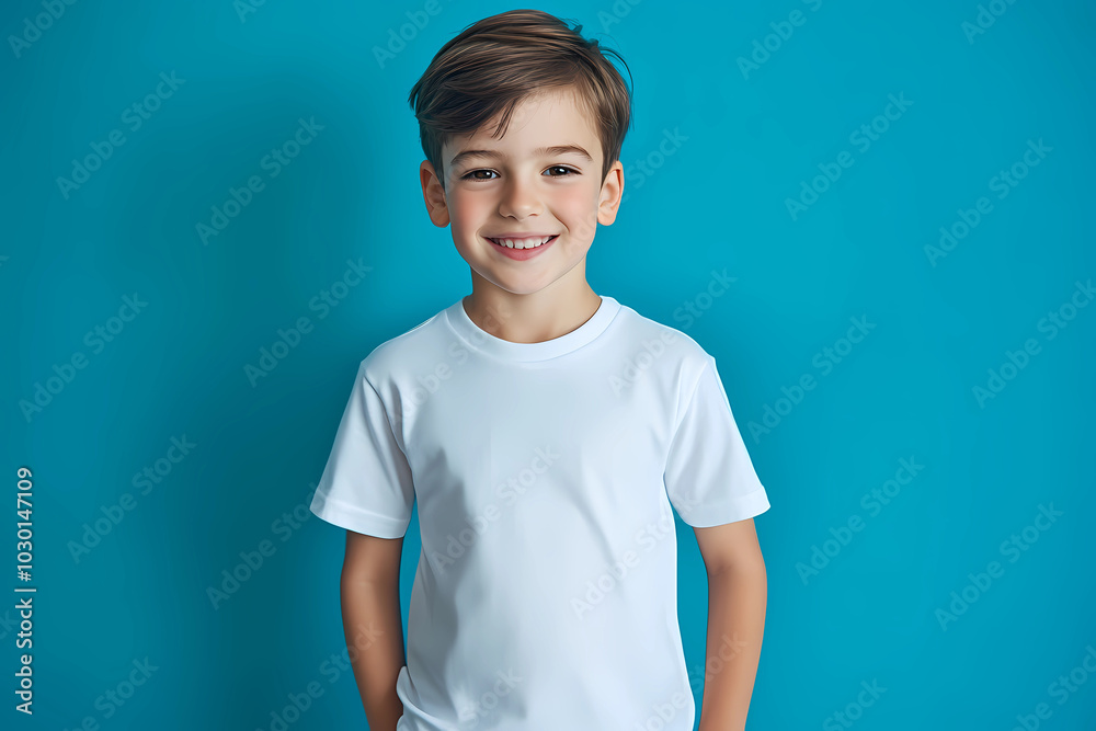 Male child, boy wearing bella canvas white shirt mockup, at blue background. Design tshirt template, print presentation mock-up. Male child, boy wearing bella canvas white shirt mockup, at blue background. Design tshirt template, print presentation mock-up.