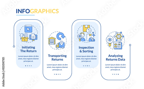 Stages of reverse logistics rectangle infographic vector. Inspection and sorting. Data analysis. Data visualization with 4 steps. Editable rectangular options chart. Lato-Bold, Regular fonts used