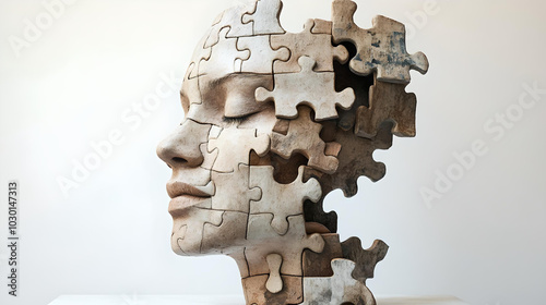 Abstract Face Sculpture Made from Puzzle Pieces
