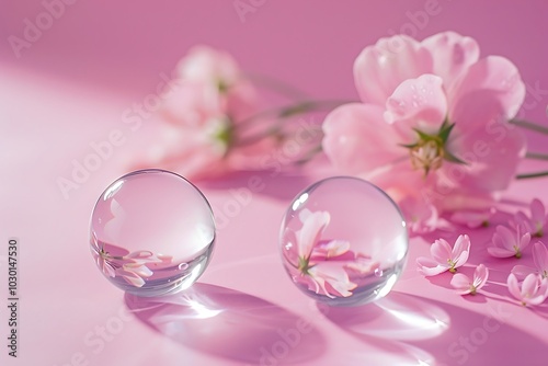 Flowers and two glass balls on pink background