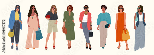 Group of modern businesswomen. Diverse multinational woman in stylish outfit. Hand drawn vector illustration isolated on white background, flat cartoon style.