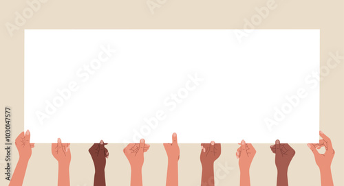 Diverse multiracial hands holding long blank banner. Hand drawn vector illustration isolated on light background. Flat cartoon style.