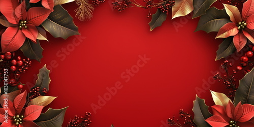 Christmas background frame decorated with green leaves, red poinsettias and red holly berries on a red background. Center copy space.