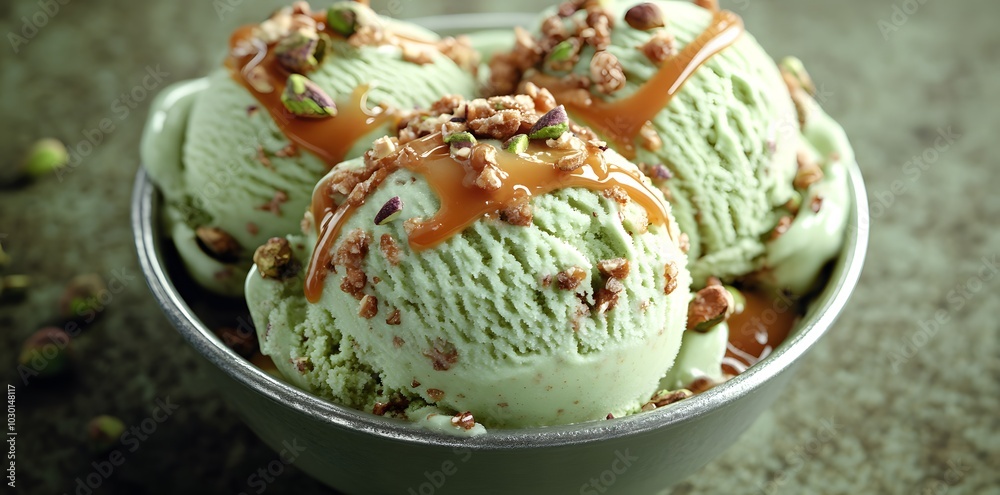 Creamy mint ice cream topped with caramel and crushed nuts in a bowl.