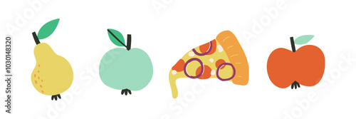 Set with fruits and pizza in flat style. Useful and harmful food. Hand drawn vector illustration.