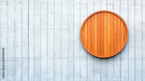 Modern circular wooden sign on a sleek minimal wooden wall in an urban street scene.