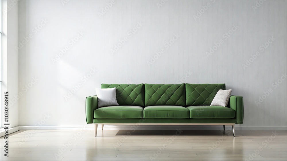 Minimalist contemporary lounge with green couch against plain white wall Minimalist contemporary lounge with green couch against plain white wall
