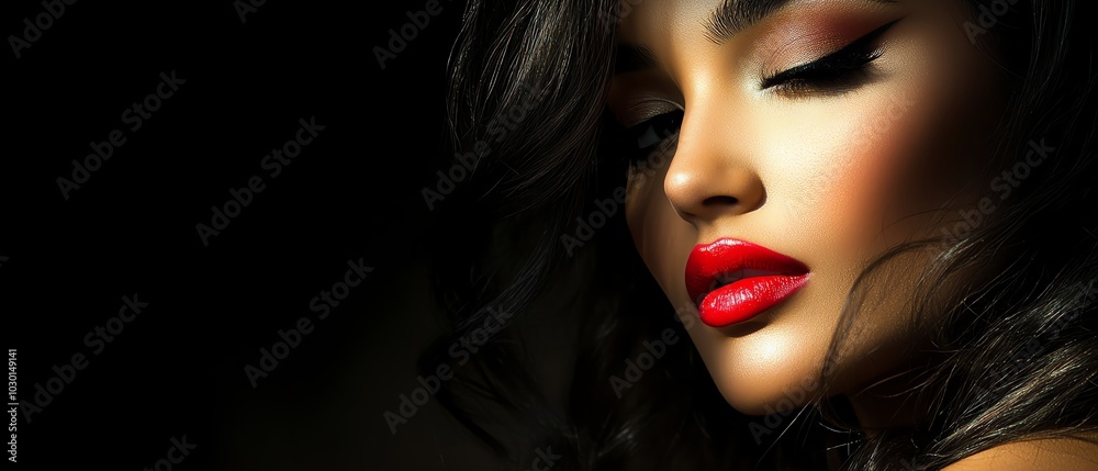 Fototapeta premium Glamorous beauty shot of a woman with soft lighting illuminating her face, while her body fades into shadow