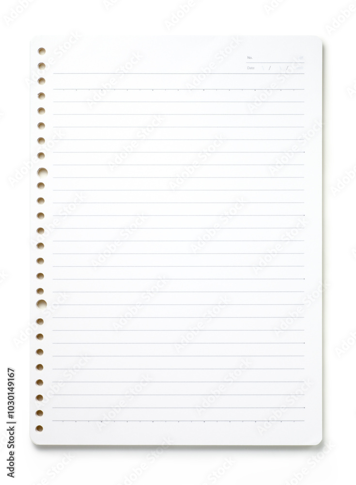 Blank loose-leaf notebook on white background. Blank notebook paper sheet with lines Blank loose-leaf notebook on white background. Blank notebook paper sheet with lines