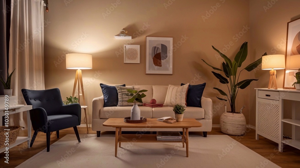 Electric heater warming a cozy living room in the evening, creating a comfortable atmosphere Electric heater warming a cozy living room in the evening, creating a comfortable atmosphere