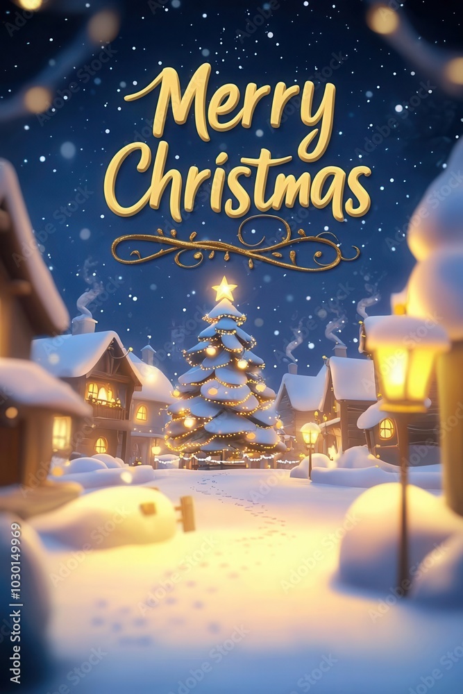 Fototapeta premium Snowy village with glowing lanterns, a large Christmas tree in the center, text