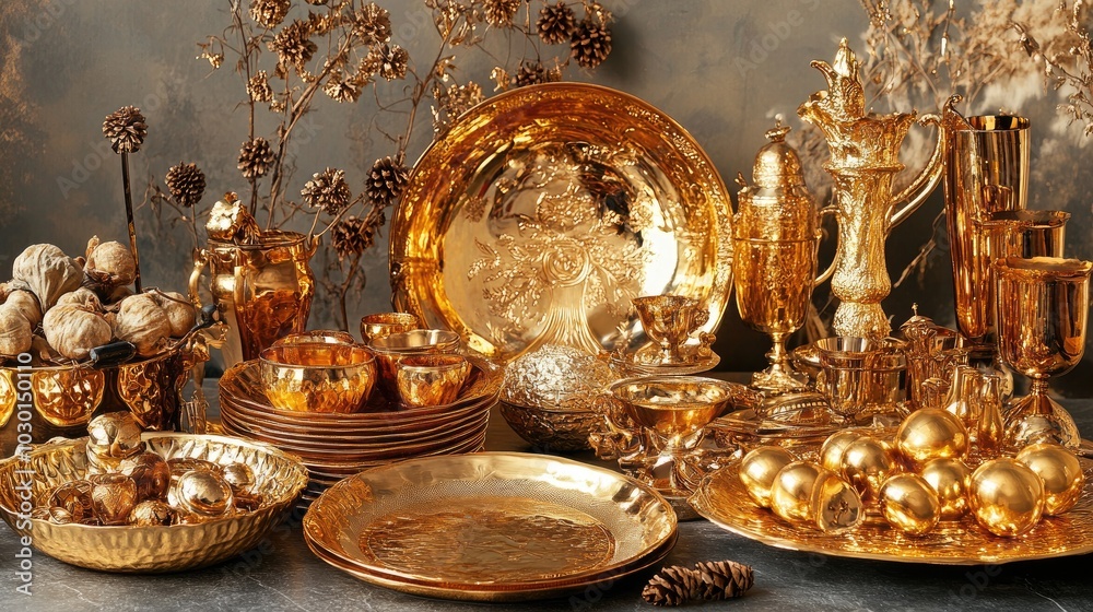 A luxurious array of gold items, from ornate trays to elegant decor, symbolizing wealth and sophistication, perfect for high-end visuals