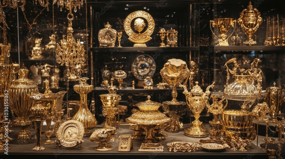 A stunning display of gold objects, including elegant decor pieces and detailed accessories, radiating luxury and opulence A stunning display of gold objects, including elegant decor pieces and detailed accessories, radiating luxury and opulence