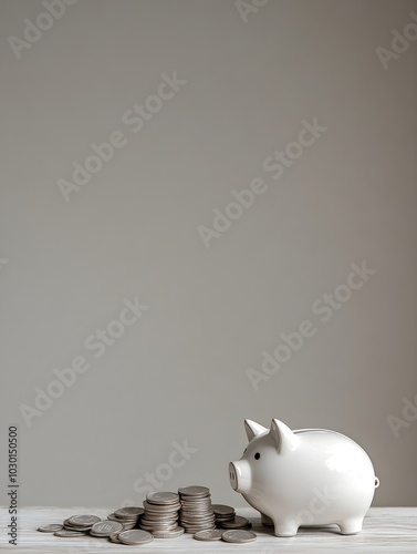 White piggy bank and a pile of coins on a wooden table against a grey background, with ample copy space for text. The image symbolizes savings, financial planning, and responsible money management.