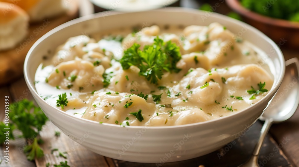 Creamy Chicken and Dumplings in a White Bowl Creamy Chicken and Dumplings in a White Bowl