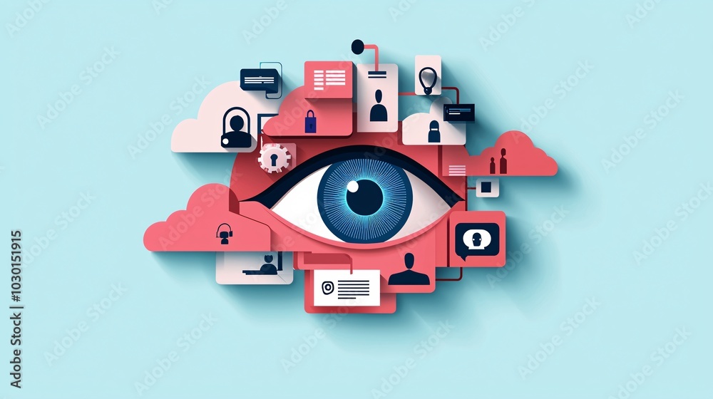 Fototapeta premium An eye peering through layers of privacy shields and data firewalls, representing surveillance and the need for secure digital environments.