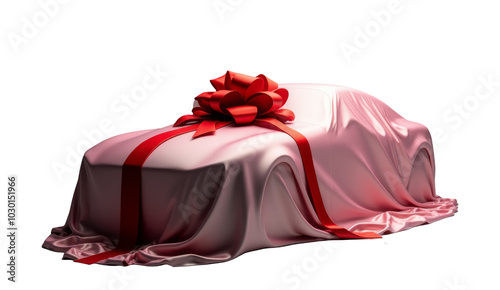 A gift car under a silk cover with a large red ribbon bow. Perfect for promotions, car giveaways, and special events. Ideal for marketing and celebration visuals. Transparent background.