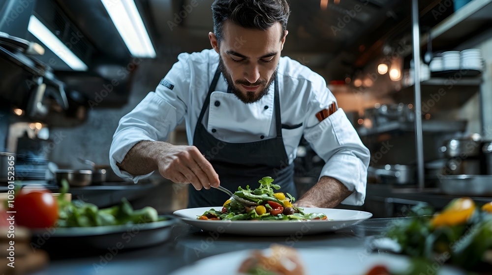 Professional Chef Preparing a Delicious Salad in a Restaurant Kitchen Professional Chef Preparing a Delicious Salad in a Restaurant Kitchen