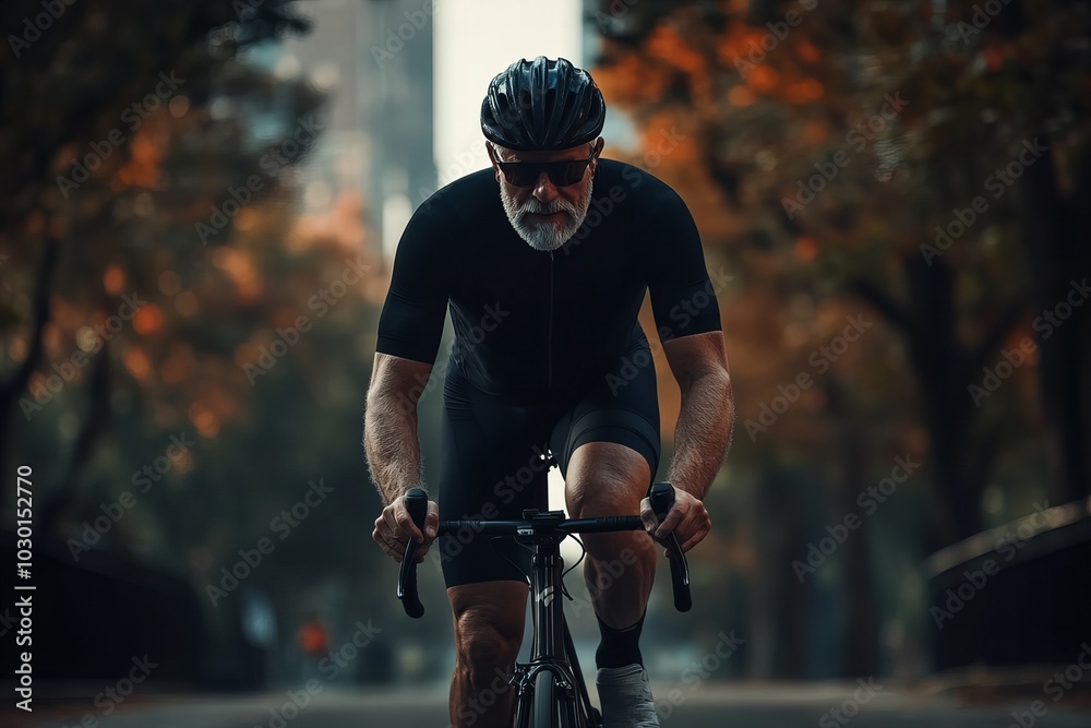 A focused elderly man in professional cycling gear rides through a scenic, tree-lined street, capturing the essence of determination and fitness A focused elderly man in professional cycling gear rides through a scenic, tree-lined street, capturing the essence of determination and fitness