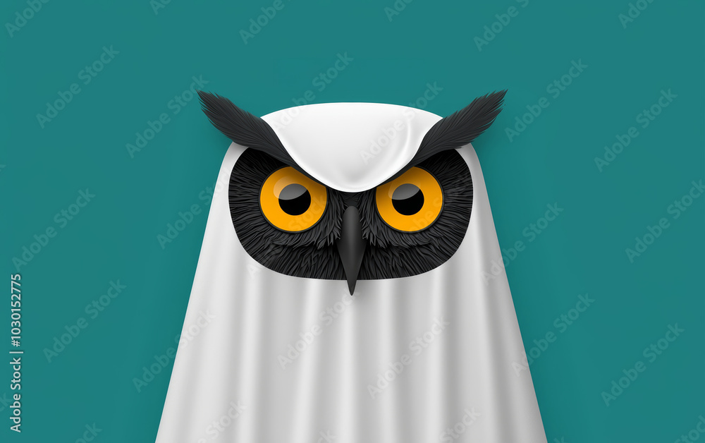 Fototapeta premium A cartoonish owl with big, round eyes dressed in a ghost costume, with playful text above that reads 'THIS IS MY GHOST COSTUME'